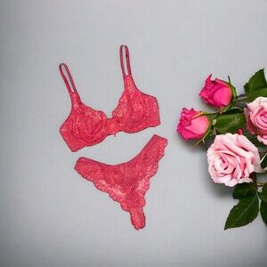 90's DONNA KARAN Intimates Bra 34 C & Thong Sz L Pink Lace Set